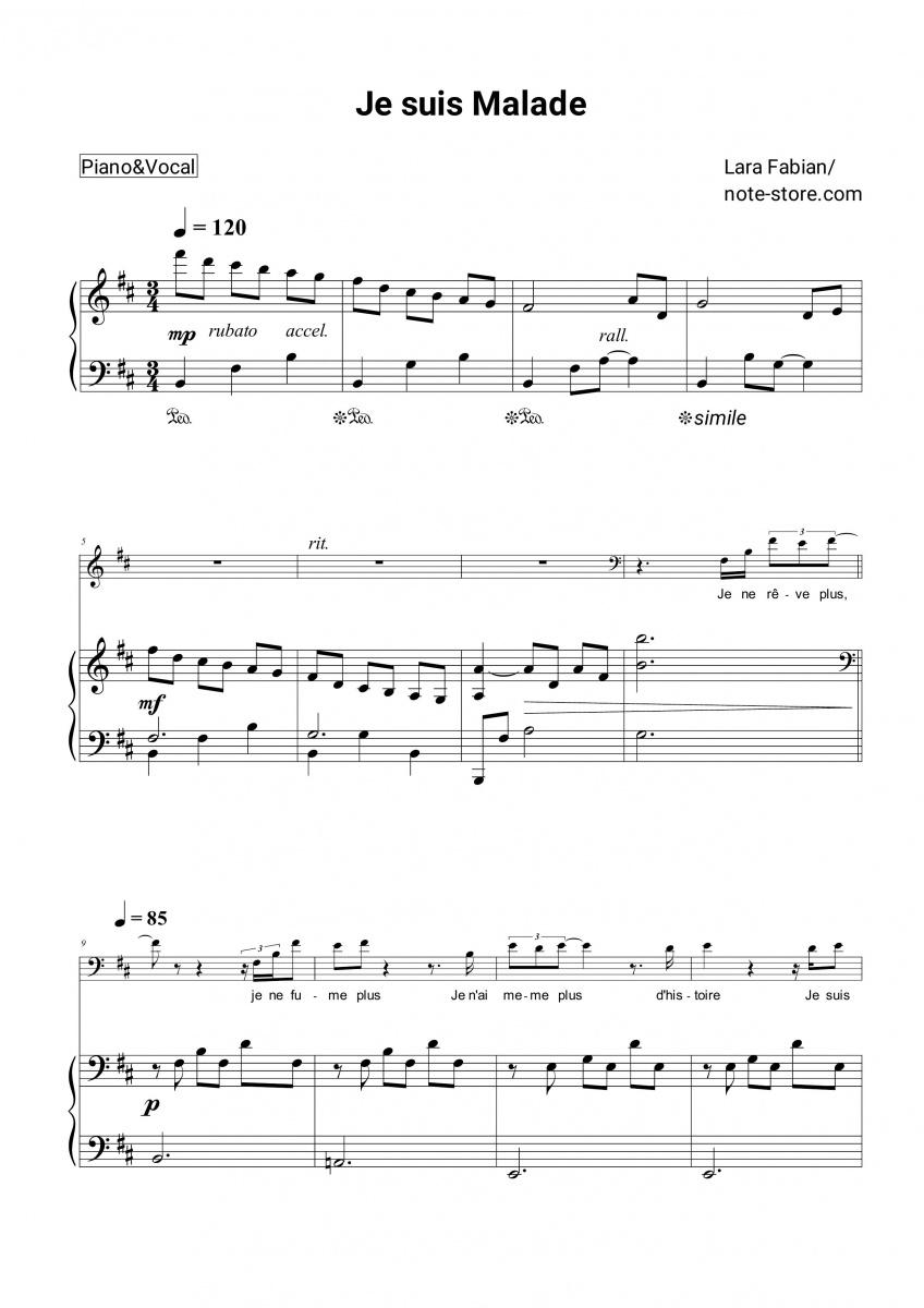 Je suis Malade - Lara Fabian Piano Sheet Music with the Voice part - Piano&Vocal