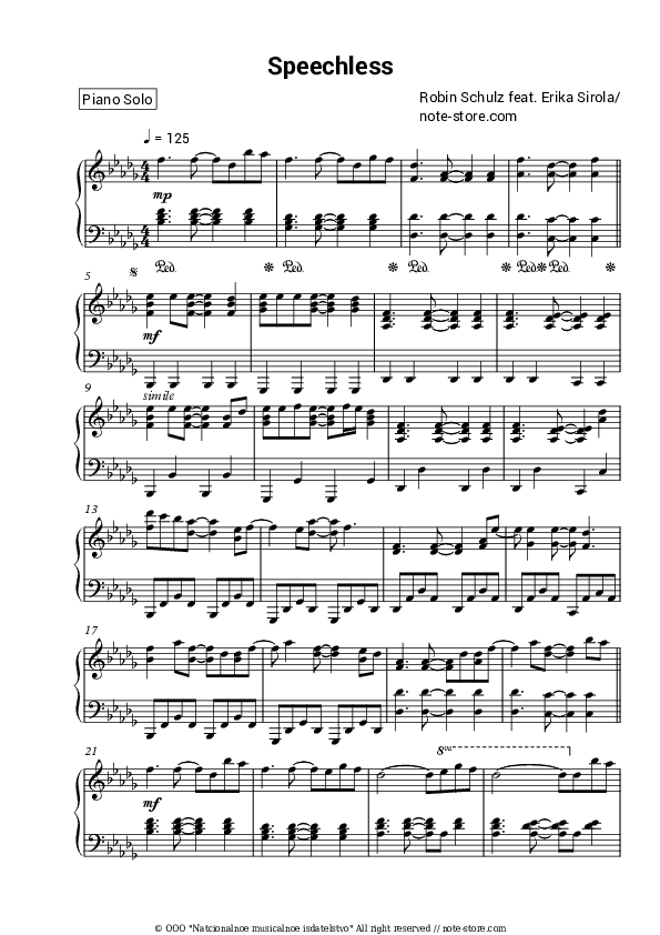 Speechless - Robin Schulz, Erika Sirola Piano Sheet Music - Piano.Solo