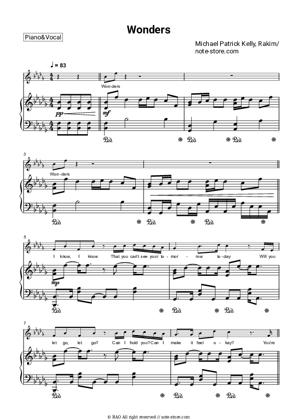 Wonders - Michael Patrick Kelly, Rakim Piano Sheet Music with the Voice part - Piano&Vocal