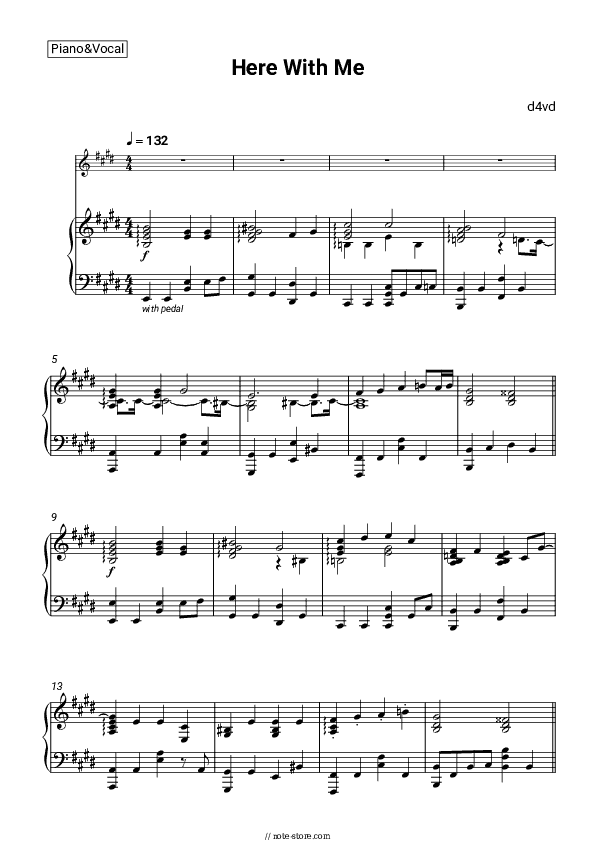 Here With Me - d4vd Piano Sheet Music with the Voice part - Piano&Vocal