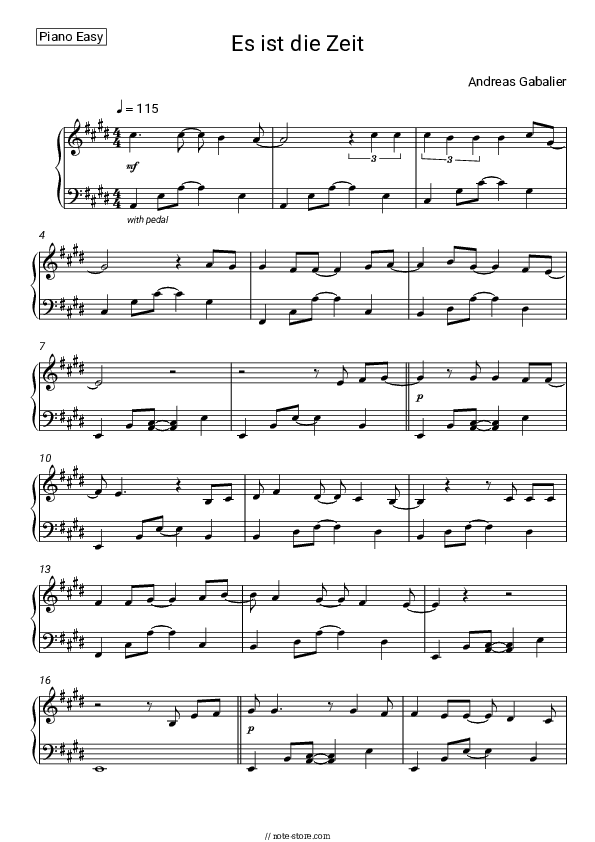 Es ist die Zeit - Andreas Gabalier Piano Sheet Music Easy - Piano.Easy