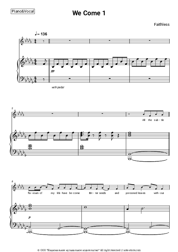 We Come 1 - Faithless Piano Sheet Music with the Voice part - Piano&Vocal