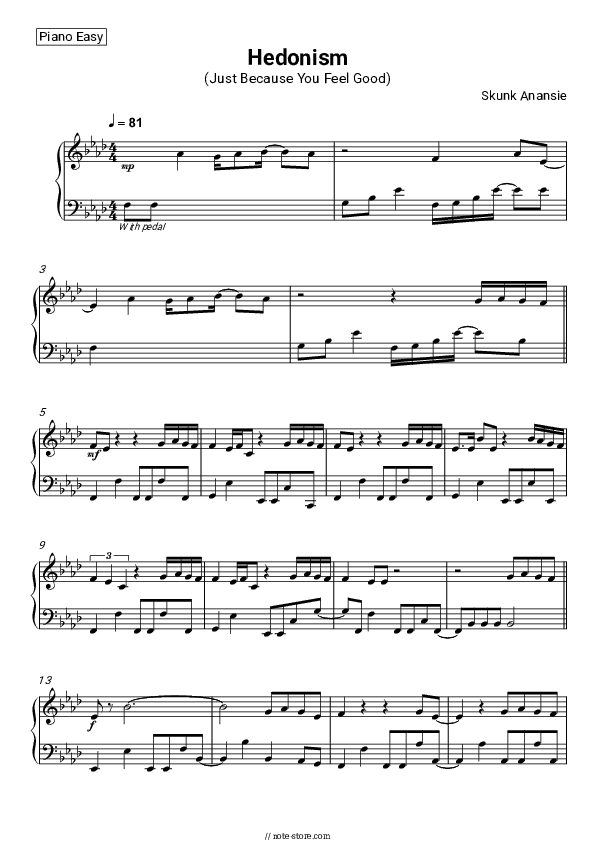 Hedonism (Just Because You Feel Good) - Skunk Anansie Piano Sheet Music Easy - Piano.Easy