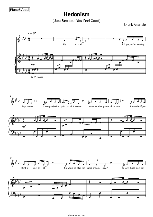 Hedonism (Just Because You Feel Good) - Skunk Anansie Piano Sheet Music with the Voice part - Piano&Vocal