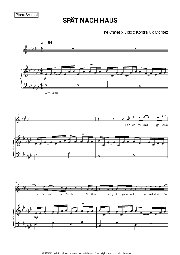 Spät nach Haus - The Cratez, Sido, Kontra K, Montez Piano Sheet Music with the Voice part - Piano&Vocal