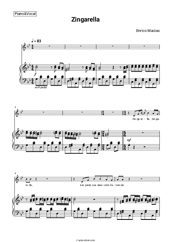 Zingarella - Enrico Macias Piano Sheet Music with the Voice part - Piano&Vocal