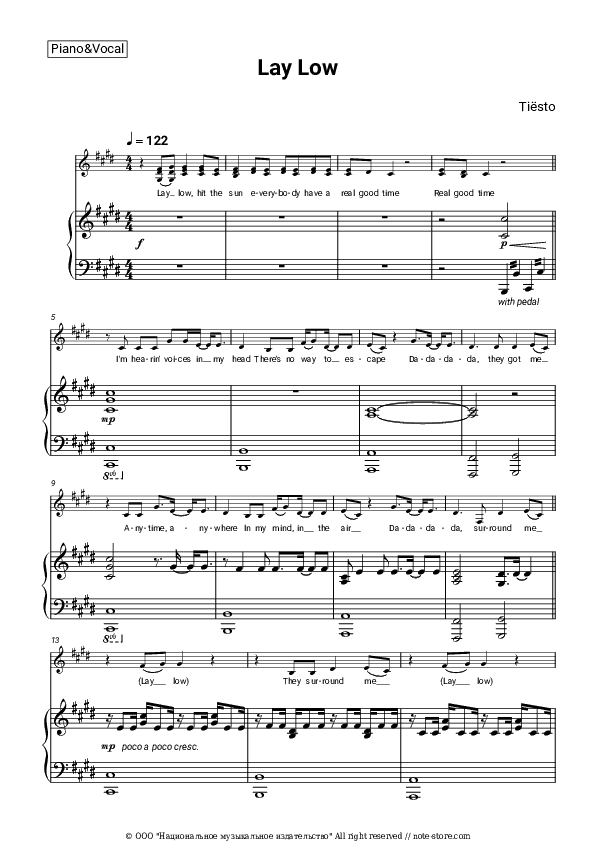 Lay Low - Tiësto Piano Sheet Music with the Voice part - Piano&Vocal