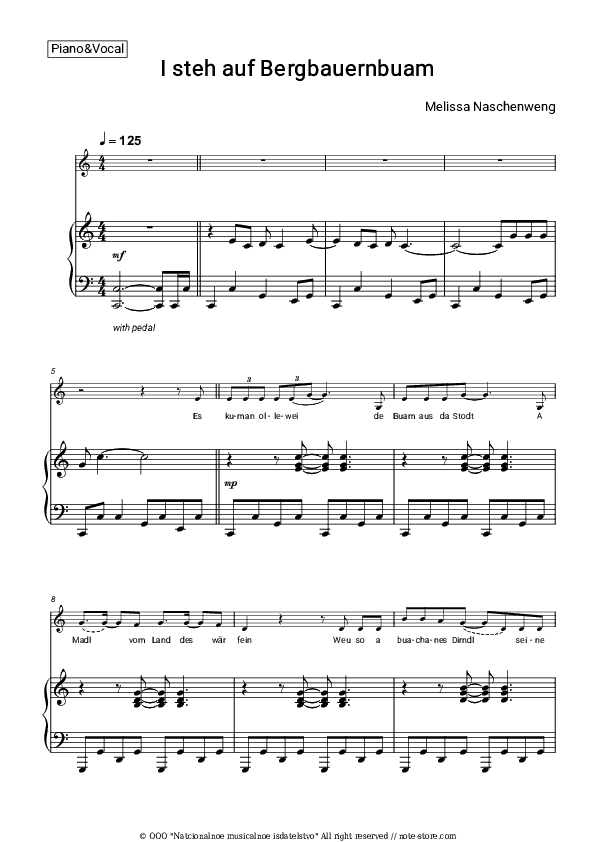 I steh auf Bergbauernbuam - Melissa Naschenweng Piano Sheet Music with the Voice part - Piano&Vocal