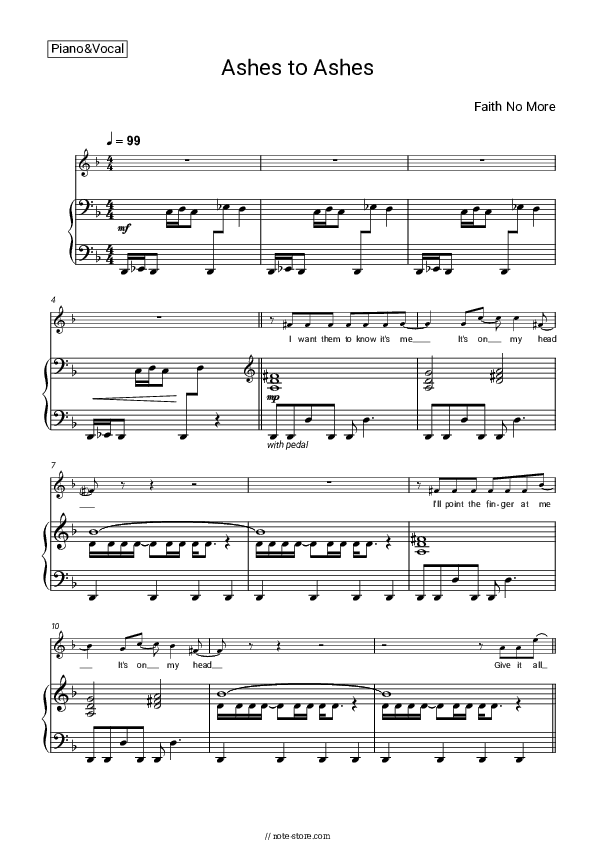 Ashes to Ashes - Faith No More Piano Sheet Music with the Voice part - Piano&Vocal