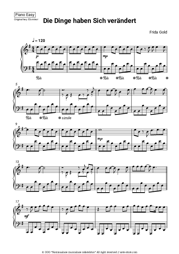 Die Dinge haben sich verändert - Frida Gold Piano Sheet Music Easy - Piano.Easy