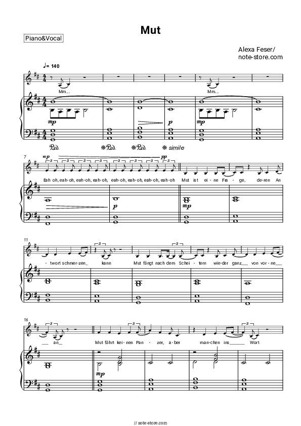 Mut - Alexa Feser Piano Sheet Music with the Voice part - Piano&Vocal