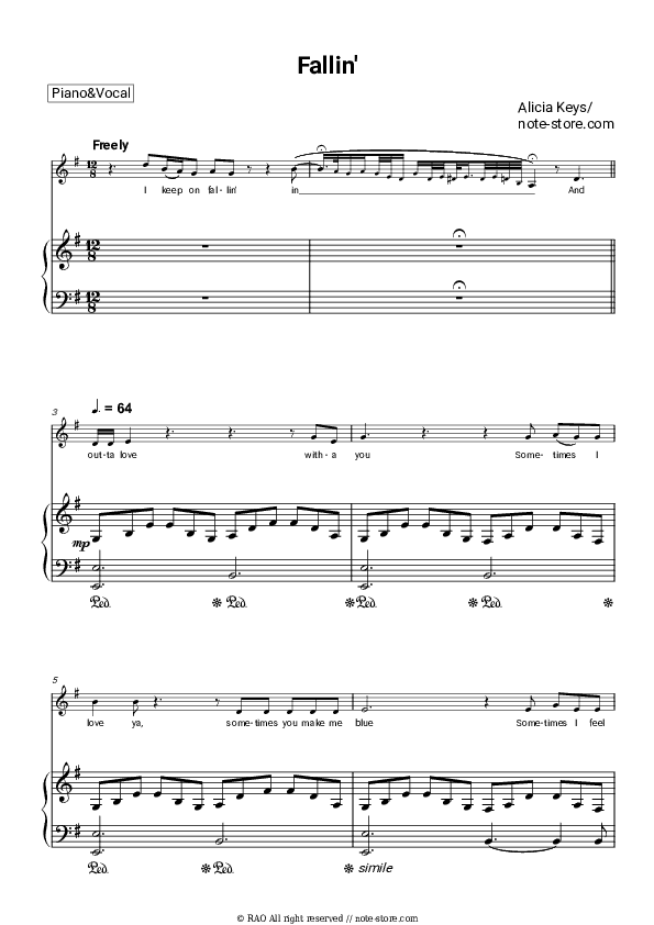 Fallin' - Alicia Keys Piano Sheet Music with the Voice part - Piano&Vocal