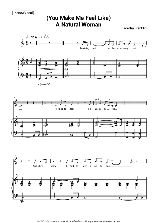 (You Make Me Feel Like) A Natural Woman - Aretha Franklin Piano Sheet Music with the Voice part - Piano&Vocal