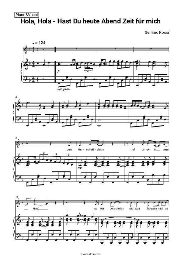 Hola, Hola - Hast Du heute Abend Zeit für mich - Semino Rossi Piano Sheet Music with the Voice part - Piano&Vocal