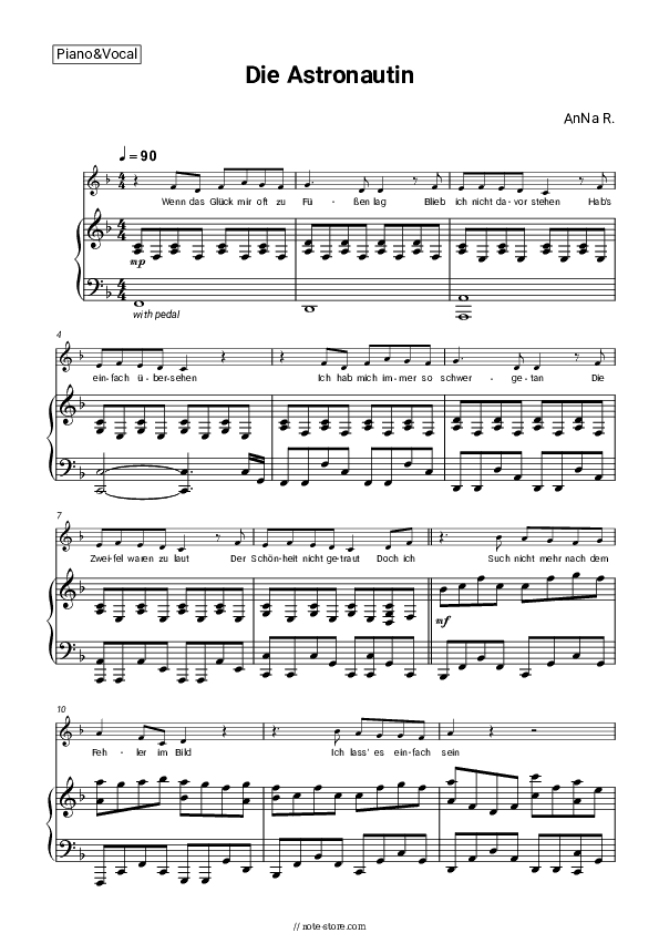 Die Astronautin - AnNa R. Piano Sheet Music with the Voice part - Piano&Vocal