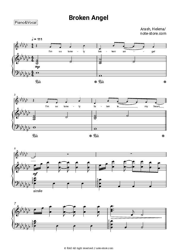 Broken Angel - Arash, Helena Piano Sheet Music with the Voice part - Piano&Vocal