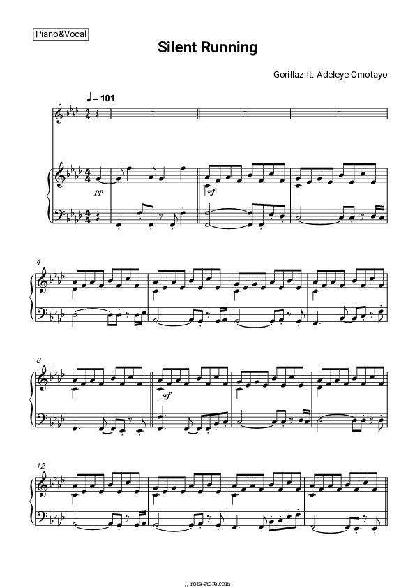 Silent Running - Gorillaz, Adeleye Omotayo Piano Sheet Music with the Voice part - Piano&Vocal