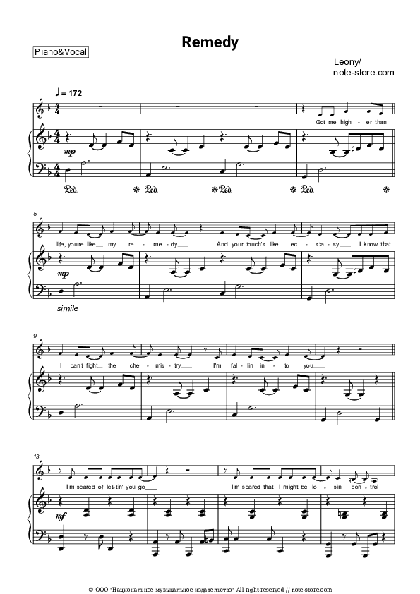 Remedy - Leony Piano Sheet Music with the Voice part - Piano&Vocal