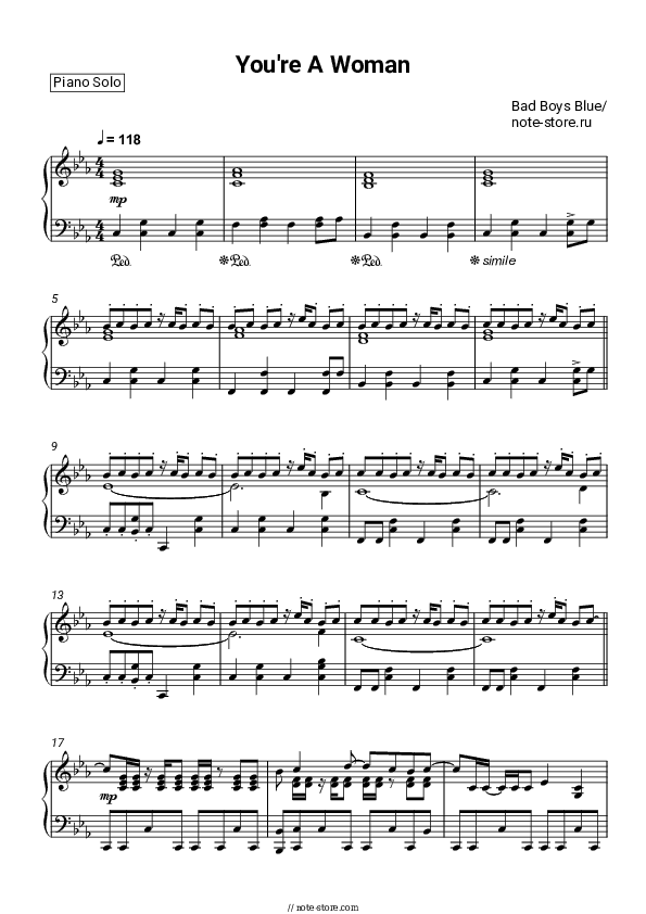 You're A Woman - Bad Boys Blue Piano Sheet Music - Piano.Solo