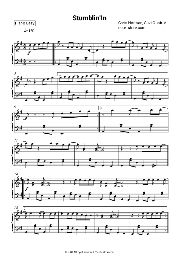 Stumblin' In - Chris Norman, Suzi Quatro Piano Sheet Music Easy - Piano.Easy
