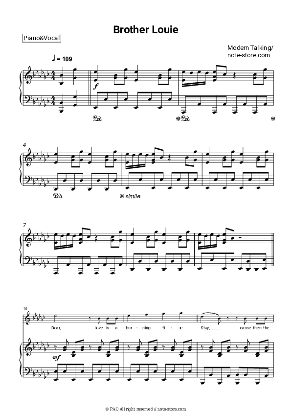 Brother Louie - Modern Talking Piano Sheet Music with the Voice part - Piano&Vocal