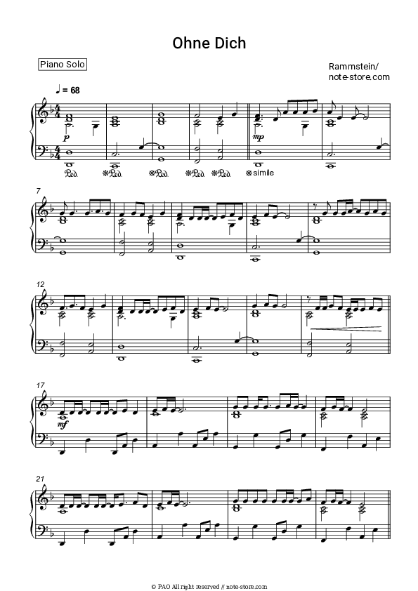 Ohne Dich - Rammstein Piano Sheet Music - Piano.Solo