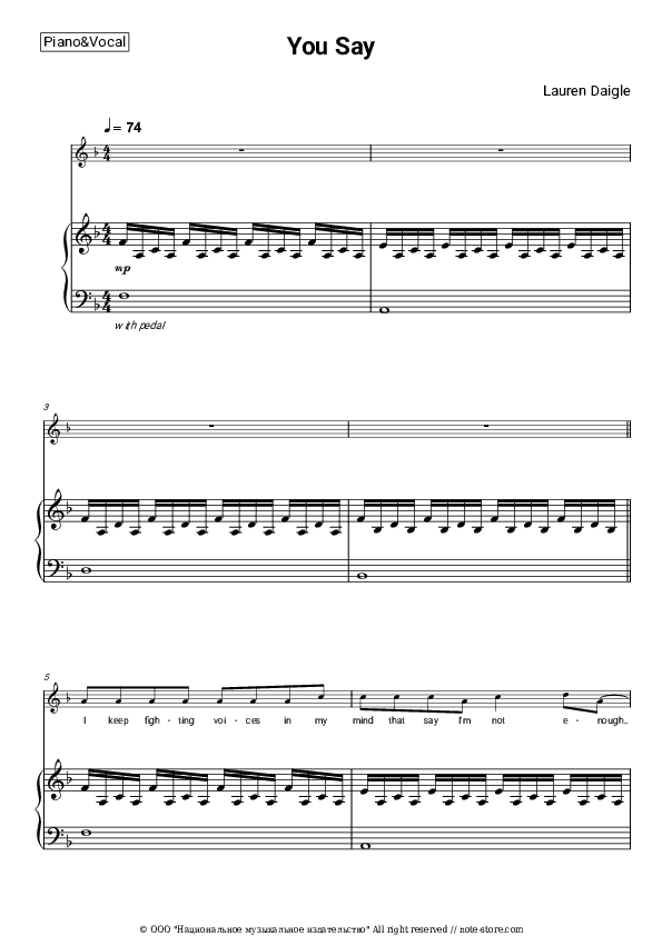 You Say - Lauren Daigle Piano Sheet Music with the Voice part - Piano&Vocal