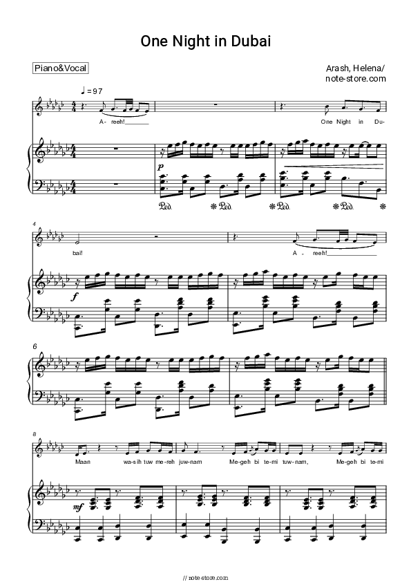 One Night in Dubai - Arash, Helena Piano Sheet Music with the Voice part - Piano&Vocal