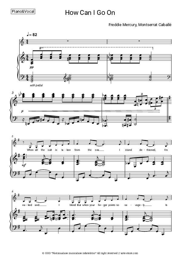 How Can I Go On - Freddie Mercury, Montserrat Caballé Piano Sheet Music with the Voice part - Piano&Vocal