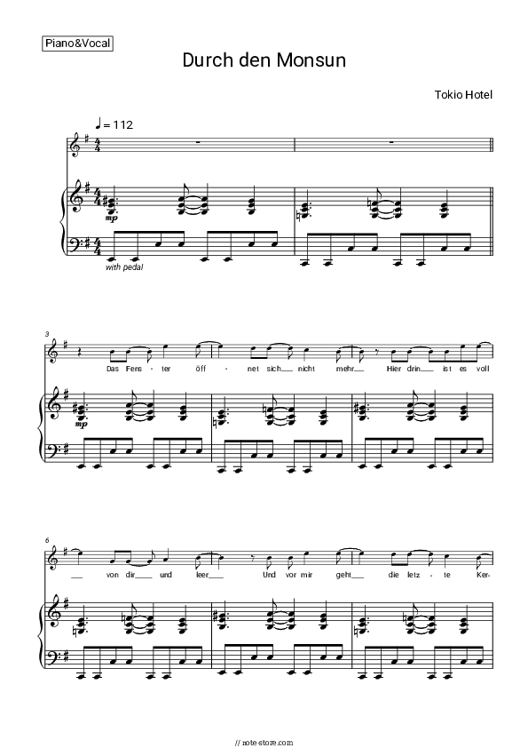 Durch Den Monsun - Tokio Hotel Piano Sheet Music with the Voice part - Piano&Vocal