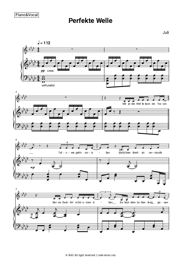 Perfekte Welle - Juli Piano Sheet Music with the Voice part - Piano&Vocal
