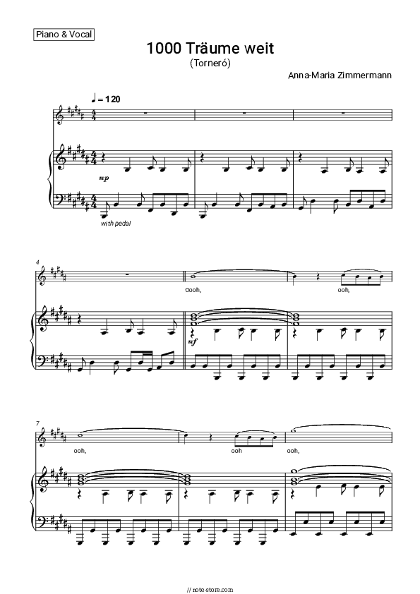 1000 Träume weit (Torneró) - Anna-Maria Zimmermann Piano Sheet Music with the Voice part - Piano&Vocal