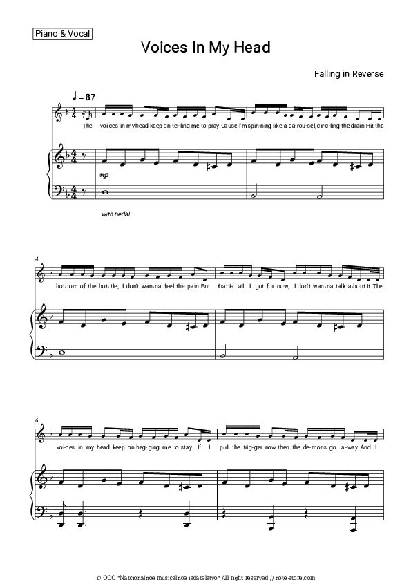 Voices In My Head - Falling in Reverse Piano Sheet Music with the Voice part - Piano&Vocal