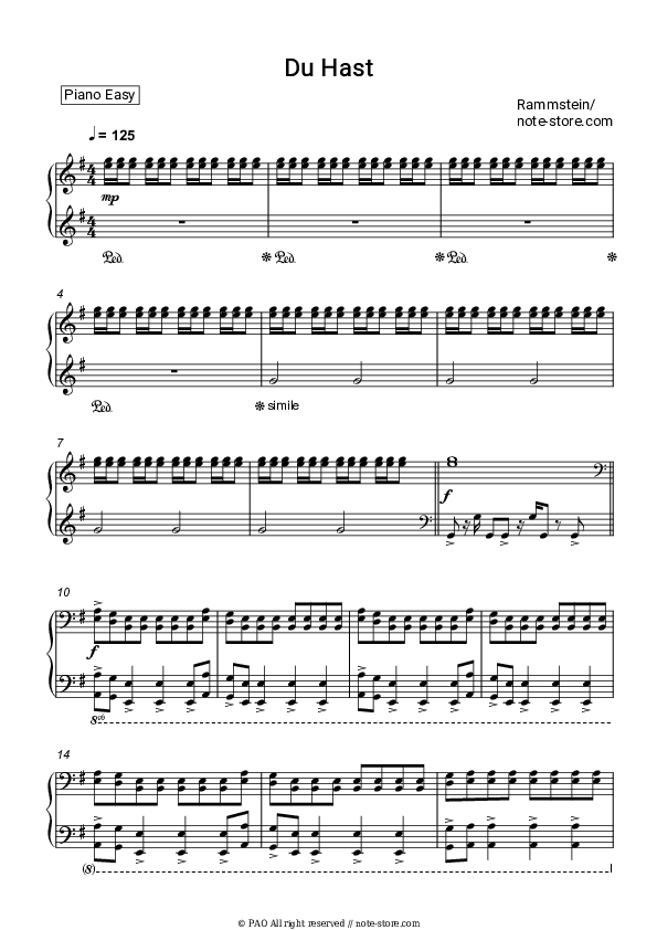 Du Hast - Rammstein Piano Sheet Music Easy - Piano.Easy