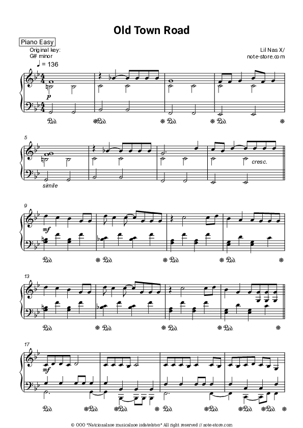 Old Town Road - Lil Nas X Piano Sheet Music Easy - Piano.Easy