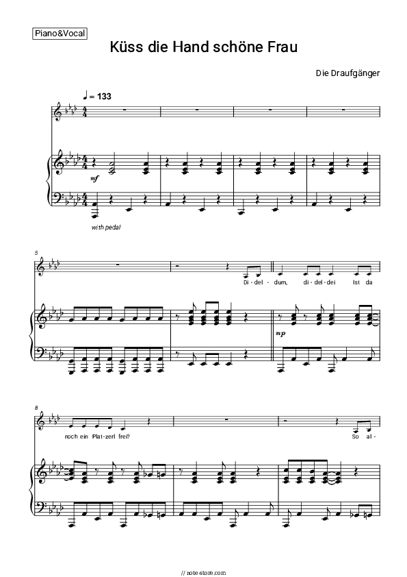 Küss die Hand schöne Frau - Die Draufgänger Piano Sheet Music with the Voice part - Piano&Vocal