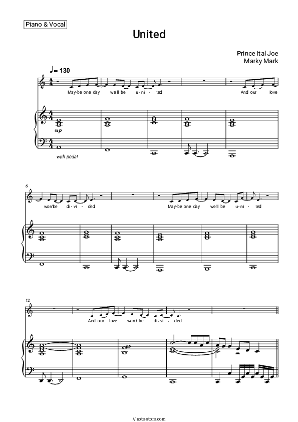 United - Prince Ital Joe, Marky Mark Piano Sheet Music with the Voice part - Piano&Vocal