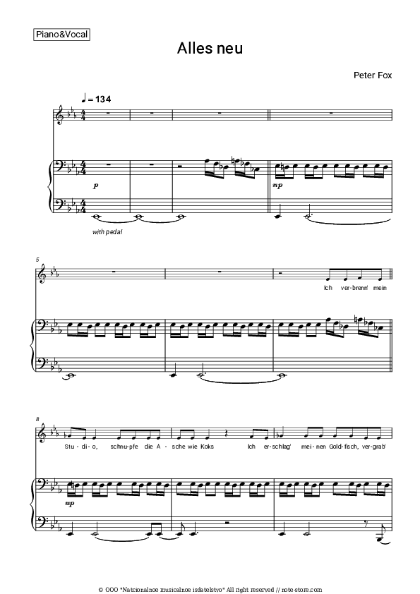 Alles neu - Peter Fox Piano Sheet Music with the Voice part - Piano&Vocal