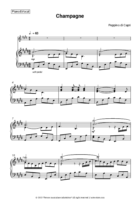 Champagne - Peppino di Capri Piano Sheet Music with the Voice part - Piano&Vocal