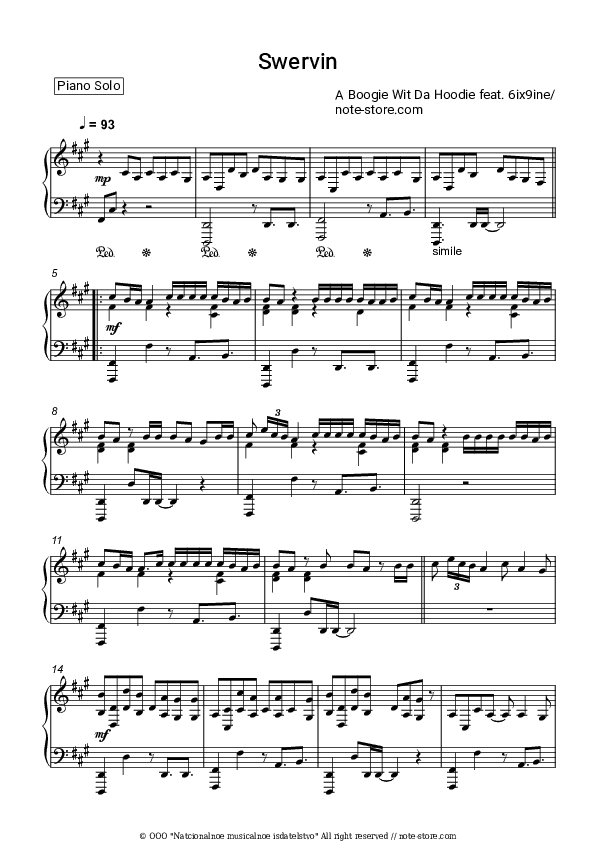 Swervin - A Boogie wit da Hoodie, 6ix9ine Piano Sheet Music - Piano.Solo