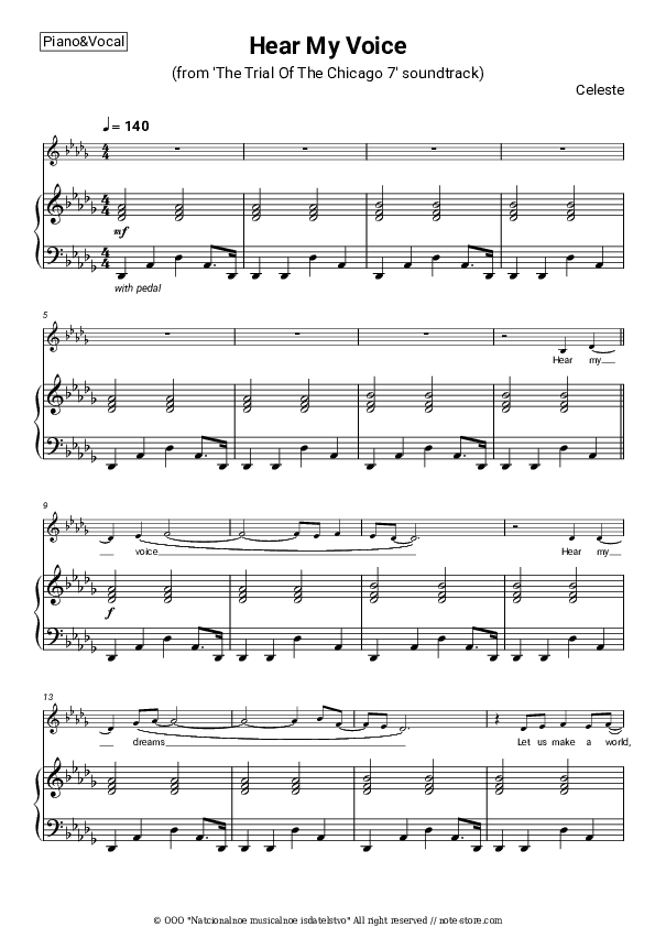 Hear My Voice (from 'The Trial Of The Chicago 7' soundtrack) - Celeste Piano Sheet Music with the Voice part - Piano&Vocal