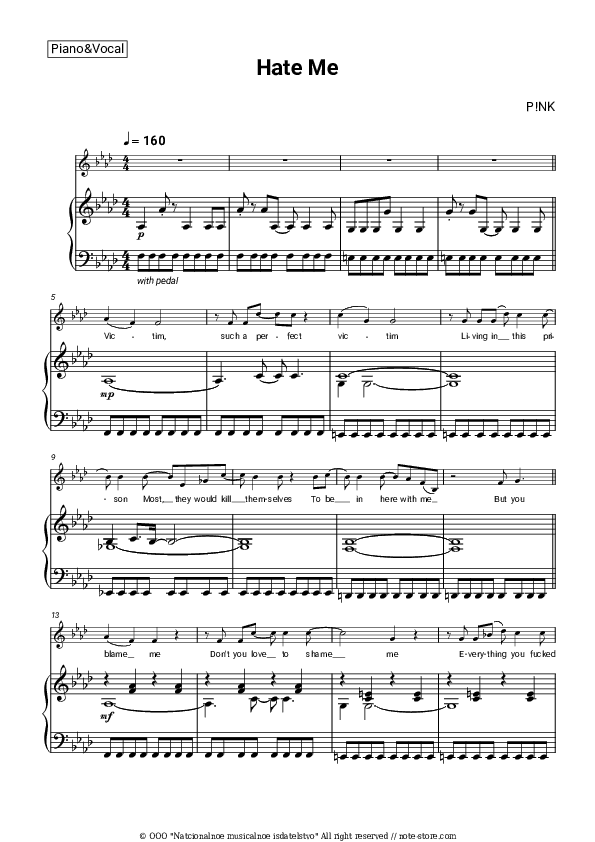 Hate Me - P!nk Piano Sheet Music with the Voice part - Piano&Vocal