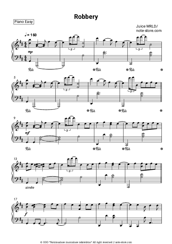 Robbery - Juice WRLD Piano Sheet Music Easy - Piano.Easy