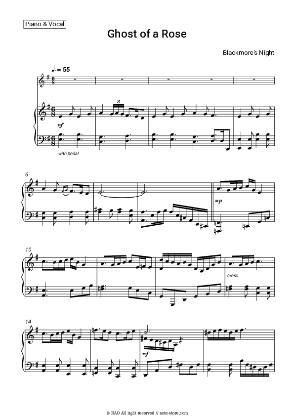 Ghost of a Rose - Blackmore's Night Piano Sheet Music with the Voice part - Piano&Vocal