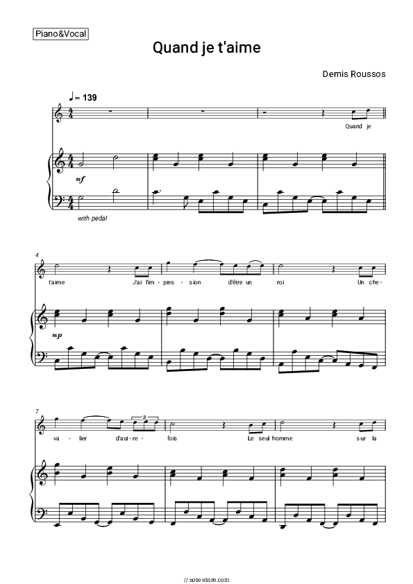 Quand je t'aime - Demis Roussos Piano Sheet Music with the Voice part - Piano&Vocal