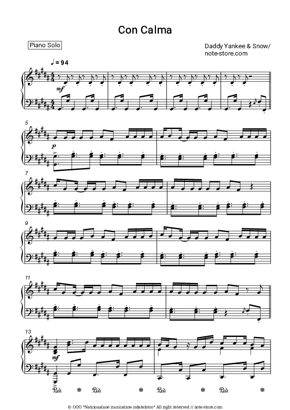 Con Calma - Daddy Yankee, Snow Piano Sheet Music - Piano.Solo