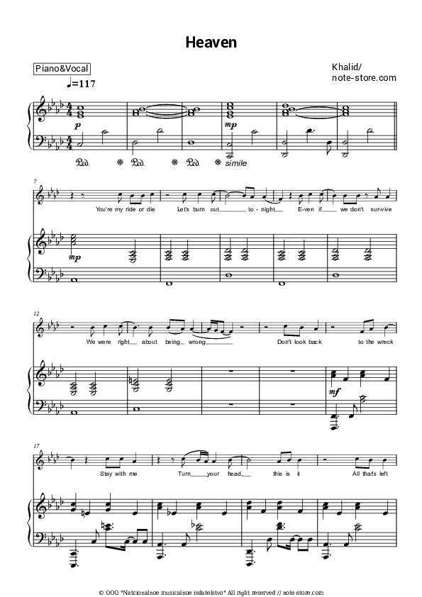 Heaven - Khalid Piano Sheet Music with the Voice part - Piano&Vocal