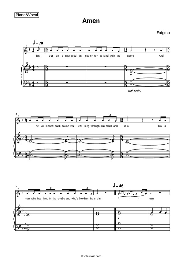 Amen - Enigma Piano Sheet Music with the Voice part - Piano&Vocal