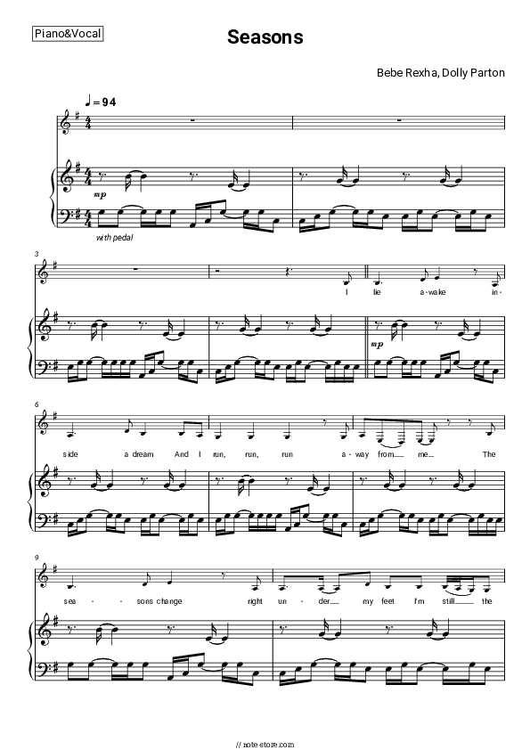 Seasons - Bebe Rexha, Dolly Parton Piano Sheet Music with the Voice part - Piano&Vocal