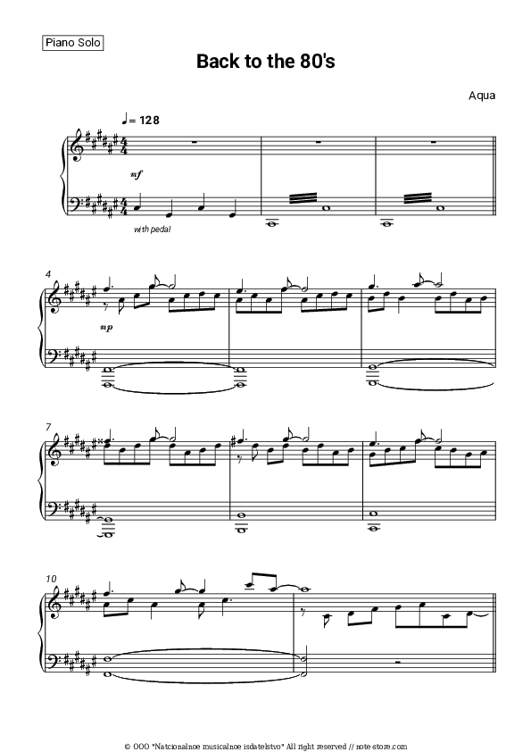 Back to the 80's - Aqua Piano Sheet Music - Piano.Solo